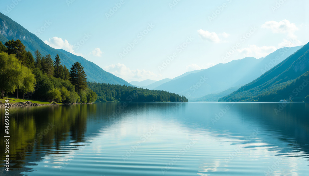 A beautiful lake with mountains in the background. The water is calm and clear, reflecting the sky and the trees. The scene is peaceful and serene, making it a perfect place to relax and enjoy nature