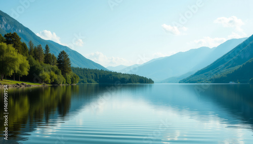 A beautiful lake with mountains in the background. The water is calm and clear, reflecting the sky and the trees. The scene is peaceful and serene, making it a perfect place to relax and enjoy nature