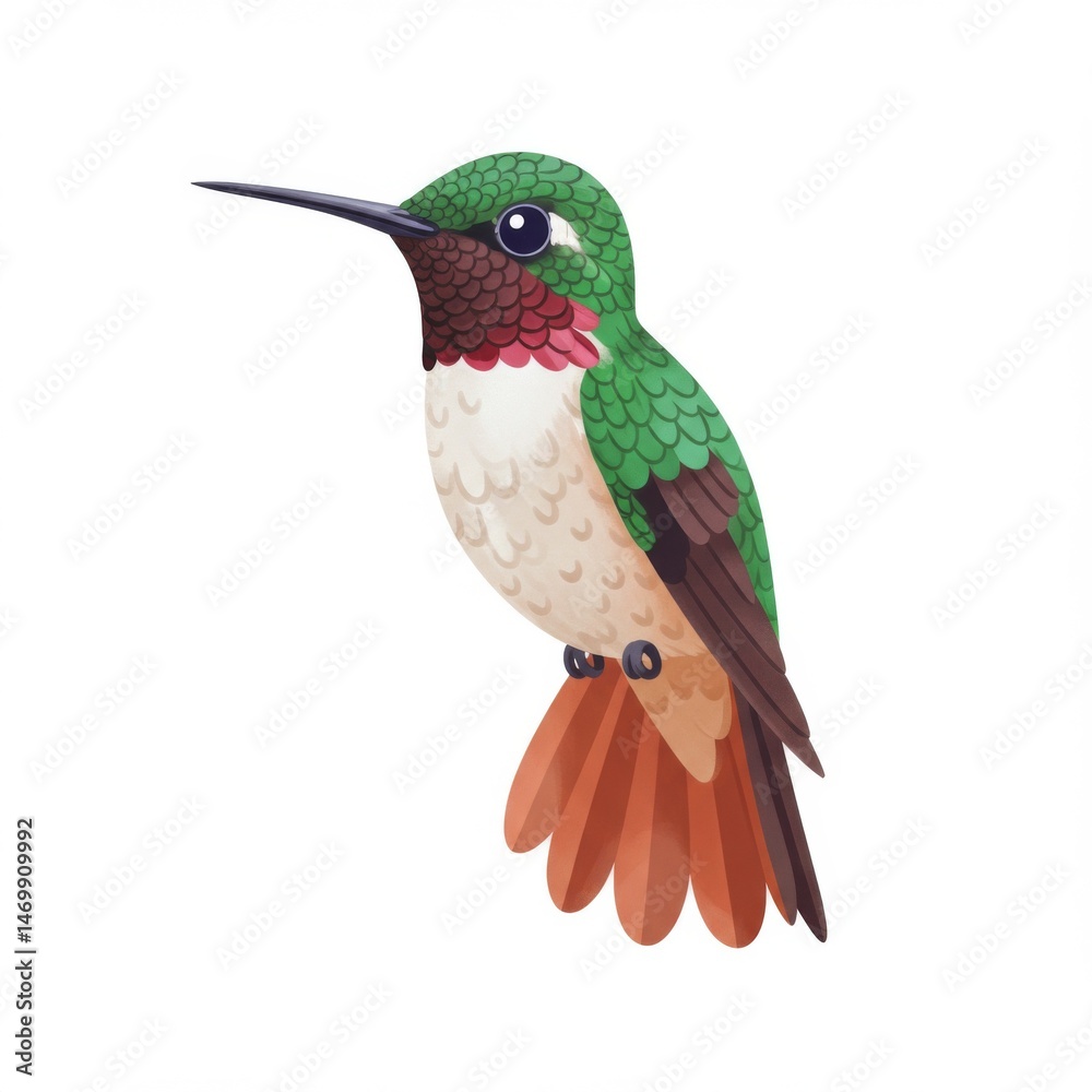 Fototapeta premium Hummingbird Illustration: Green And Red Feathered Bird