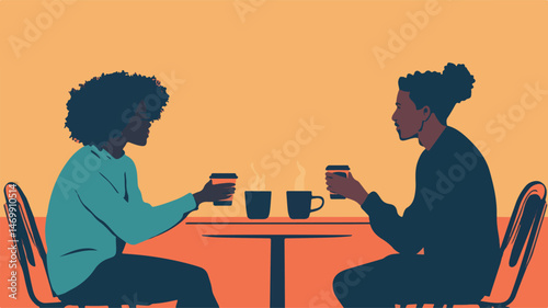 Two Friends Enjoying Coffee Together At A Cafe Flat Vector Illustration