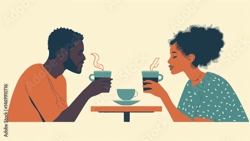 Illustrated African American Couple Sharing Coffee Together Flat Design Style In A Cafe Setting