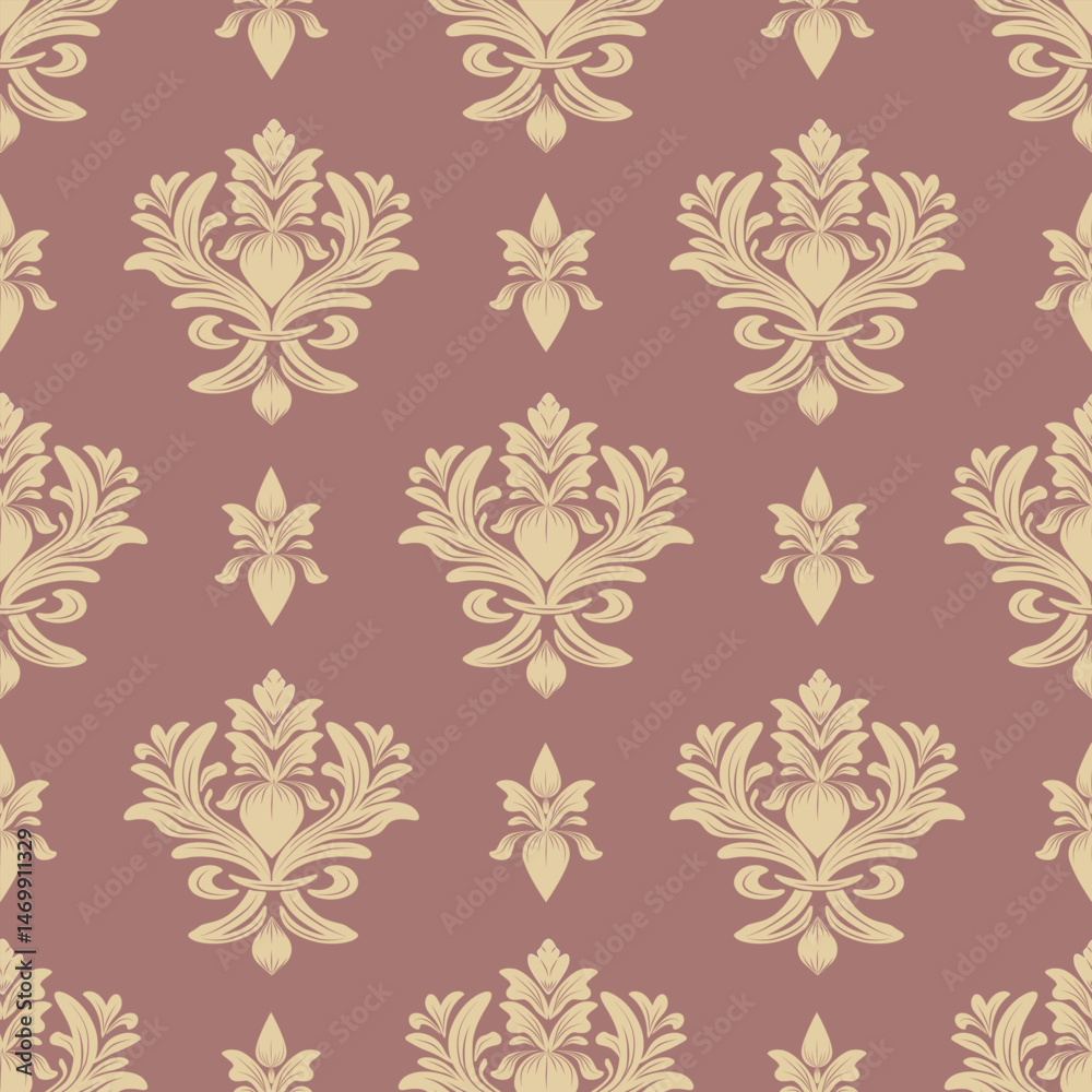 Damask seamless pattern with golden flowers and red background, vintage design, vector illustration elegant for textile, wall paper, curtains, cushion cover, rug, bedding, upholstery fabric, luxury