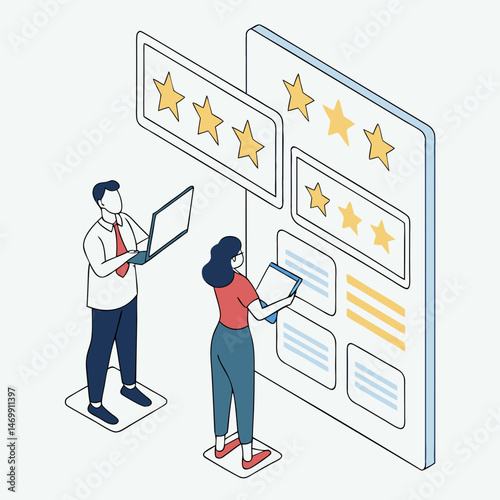 Isometric Illustration Of Team Giving Star Ratings For Feedback And Review
