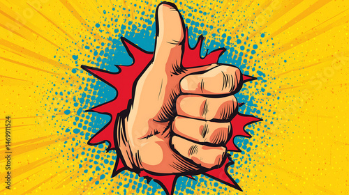 Thumbs up hand icon with comic action rays in vibrant design, expressing positivity and approval. bright colors and dynamic background create energetic feel