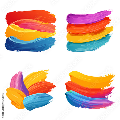 Oil painting brush strokes set on white, thick impasto texture, vibrant colors