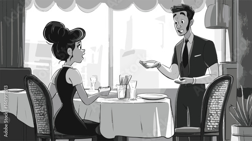 Cartoon Style Illustration Of Woman And Waiter In A Restaurant Setting With Clean Lines