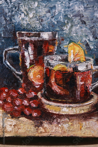 Still Life with Tea, Lemons and Grapes – Oil Painting on Canvas