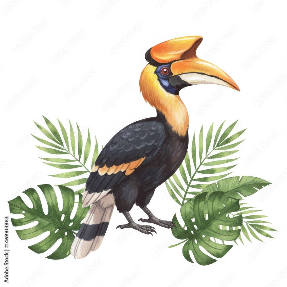 Fototapeta premium Watercolor Hornbill Painting with Tropical Leaves