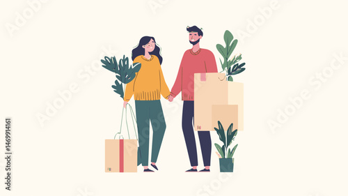 Couple Moving Together Holding Boxes And Plants In New Home Flat Vector Illustration