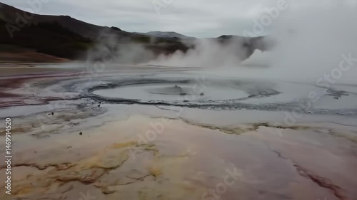 Steaming Geothermal Landscape with Mineral Colors