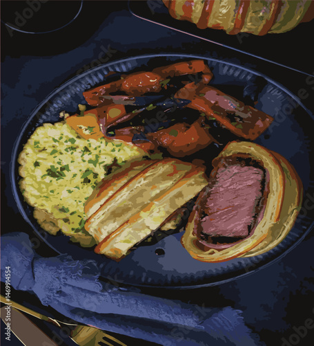 Beef Wellington vector illustration. Realistic gourmet dish with golden puff pastry and beef tenderloin. Perfect for restaurant menus, recipe books, and culinary design projects.