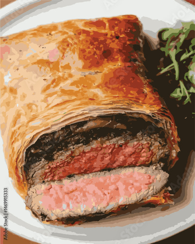 Beef Wellington vector illustration. Realistic gourmet dish with golden puff pastry and beef tenderloin. Perfect for restaurant menus, recipe books, and culinary design projects.
