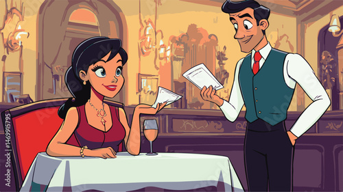 Cartoon Style Illustration Of A Woman In A Restaurant With A Waiter Holding The Check