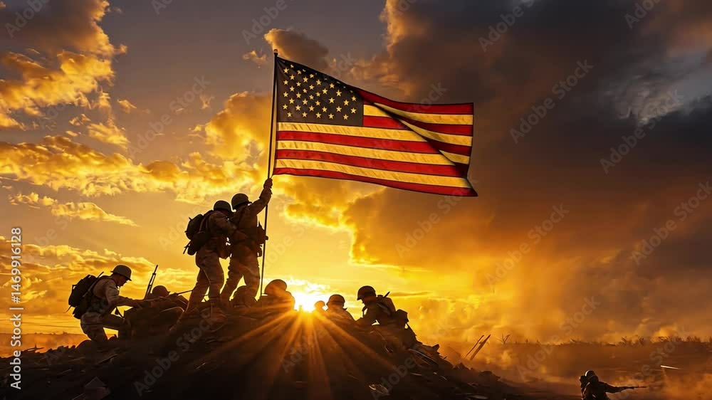 United States Flag Atop Hill: A majestic depiction of courageous soldiers, silhouetted against a glorious sunset, raising the American flag high, symbolizing honor and valor.