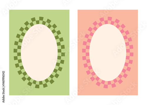 Two backgrounds green and pink with oval pink checkered frames. Oval frame of multicolored squares. Vector illustration.