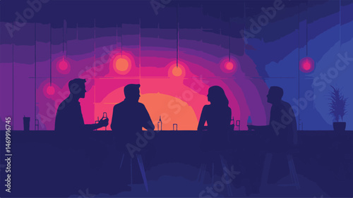 Silhouette People At Bar With Drinks Abstract Illustration Purple And Pink Tones Nightlife