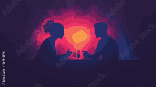 Couple Enjoying Romantic Evening With Drinks Against Vibrant Sunset Silhouette Vector Art