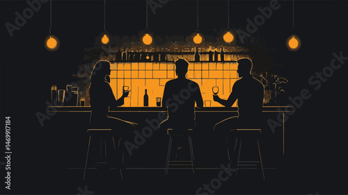 People Enjoying Drinks At A Bar Silhouette Illustration With Dim Lighting And Cozy Atmosphere