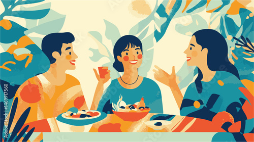 Colorful Illustration Of Friends Gathering For A Meal With Abstract Botanical Background