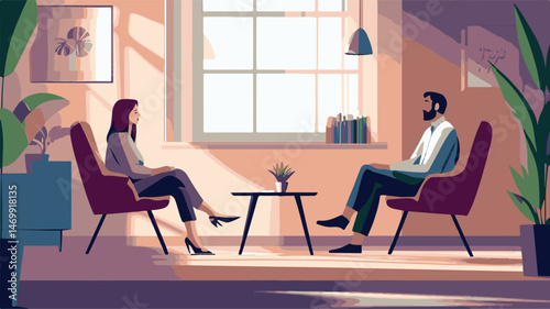 Couple Sitting In Modern Living Room In Armchairs Vector Illustration With Warm Tones