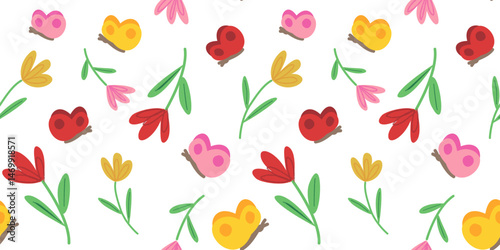 Cartoon butterflies and flowers on white seamless background