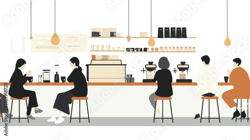 Minimalist Vector Illustration Of People Enjoying Coffee In A Modern Cafe Setting