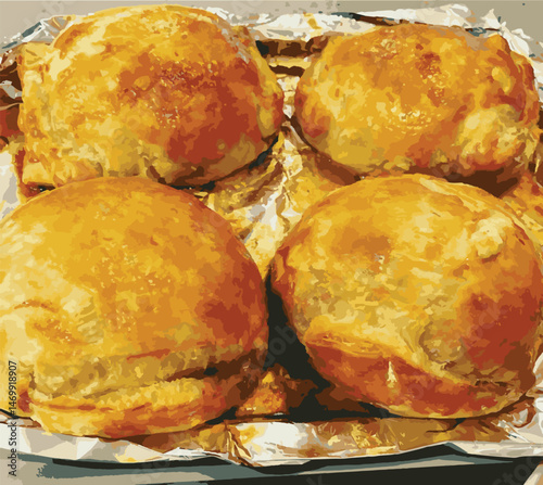 Beef Wellington vector illustration. Realistic gourmet dish with golden puff pastry and beef tenderloin. Perfect for restaurant menus, recipe books, and culinary design projects.