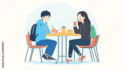 Two Young People Enjoying Lunch Together At An Outdoor Cafe Vector Illustration