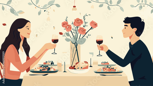 Couple Celebrating Anniversary With Romantic Dinner Featuring Roses Wine And Modern Design Elements