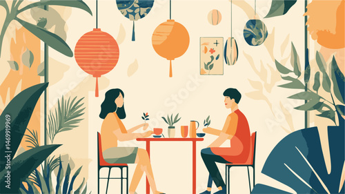 Couple Enjoying Tea In A Stylish Indoor Garden With Lanterns And Abstract Art
