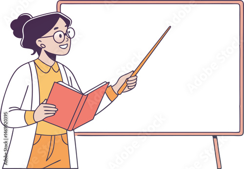 Female teacher explaining with book and pointer in front of whiteboard educational vector illustration

