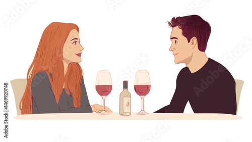 Romantic Evening Illustration Of A Couple Enjoying Wine On A Date Night With White Background
