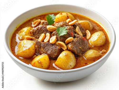 A close up view of Massaman curry with beef, potatoes, and peanuts served in a white bowl creates a vibrant and appetizing scene of Thai cuisine on white table.