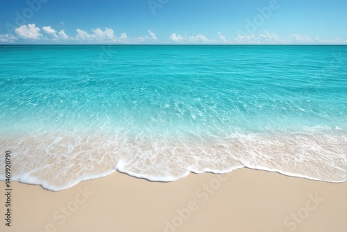 Fototapeta Naklejka Na Ścianę i Meble -  Ocean wave rolling onto sandy beach under clear sky during daytime, coastal seascape with natural shoreline.