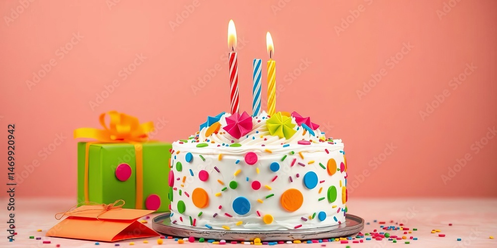 Vibrant birthday cake with colorful gifts & envelopes on bold background, image, cake Vibrant birthday cake with colorful gifts & envelopes on bold background, image, cake