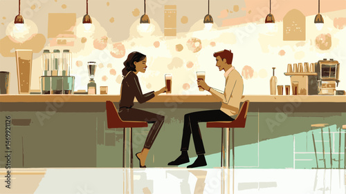 Couple Enjoying Drinks At A Stylish Bar With Warm Lighting And Modern Design