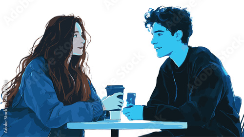 Young Couple Sharing Coffee At Table Illustration With Contemporary Artistic Style And Limited Color Palette