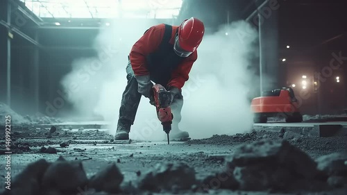 Worker Drilling Concrete in Industrial Setting with Dust