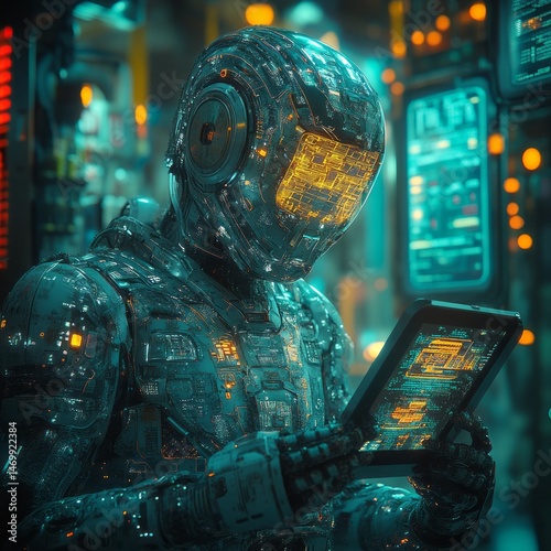 Futuristic robot working in a high-tech facility.
