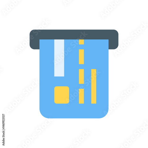 Illustration of a blue atm machine with a gray top and yellow accents in a simple flat design style