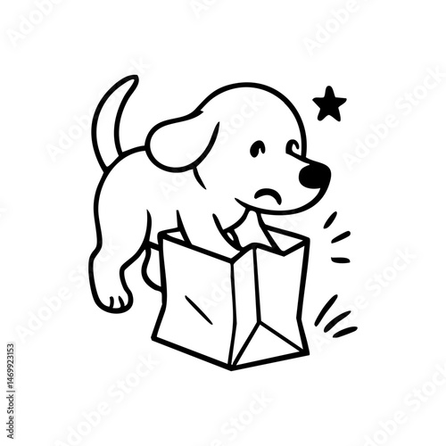 A surprised but happy dog emerging from an open box or bag, paws up, ears perked, full of playful energy.