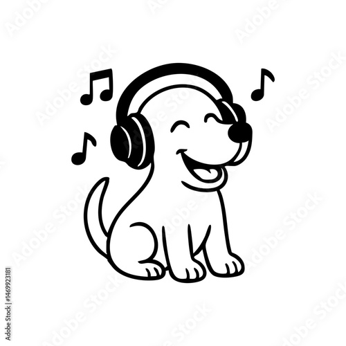 A dog with oversized headphones, eyes closed, and tail swaying to imaginary tunes.