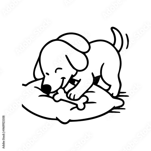 A dog pawing at a carpet or cushion with a toy nearby, looking determined yet playful.