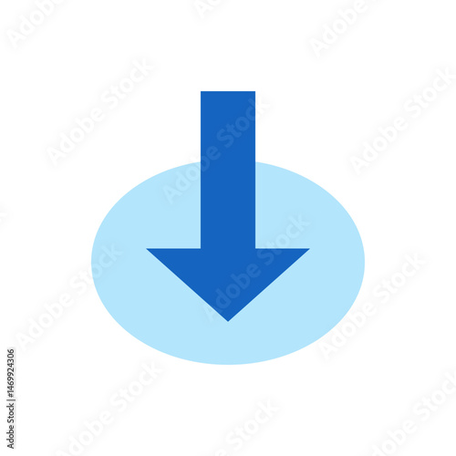 A blue arrow pointing downwards is centered inside of a light blue circle on a white background view image