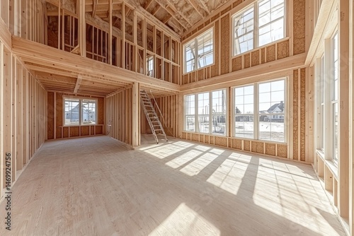 Interior view of a wooden framing house under construction.