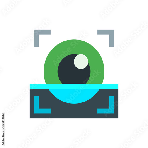 Illustration of a green eye with a black pupil and white reflection, framed by gray and blue shapes, flat design