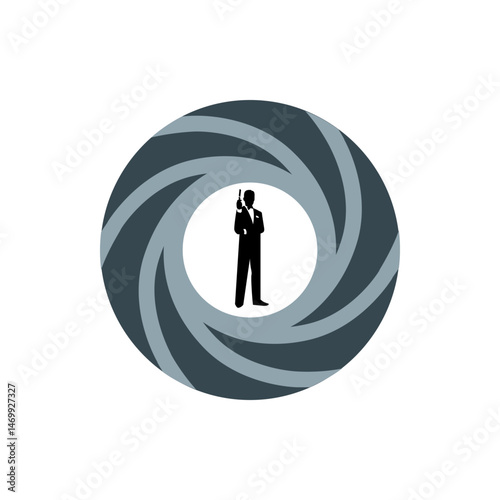 Silhouette of a man in a suit holding a gun inside a gray and white iris design with a white background