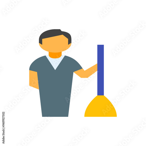 Illustration of a person in a grey shirt holding a blue and yellow mop standing upright indoors now