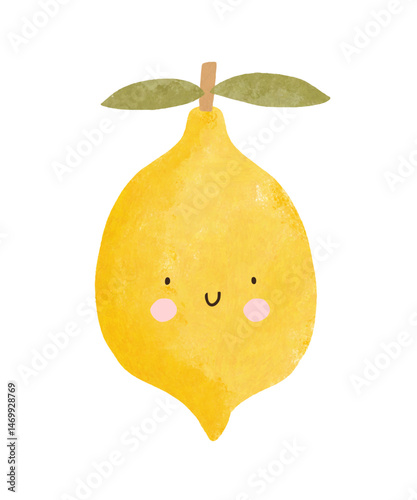 Cute Hand Drawn Yellow Lemon On A White Background. Vector Illustation Of Childish Drawing-like Smiling Citrus. Nursery Art With Kawaii Style Happy Fruit. Kids Room Decoration With Funny Fruit. 