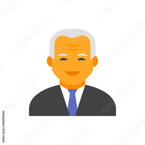 Illustration of an older man with gray hair wearing a suit and tie smiling with a fair complexion tone